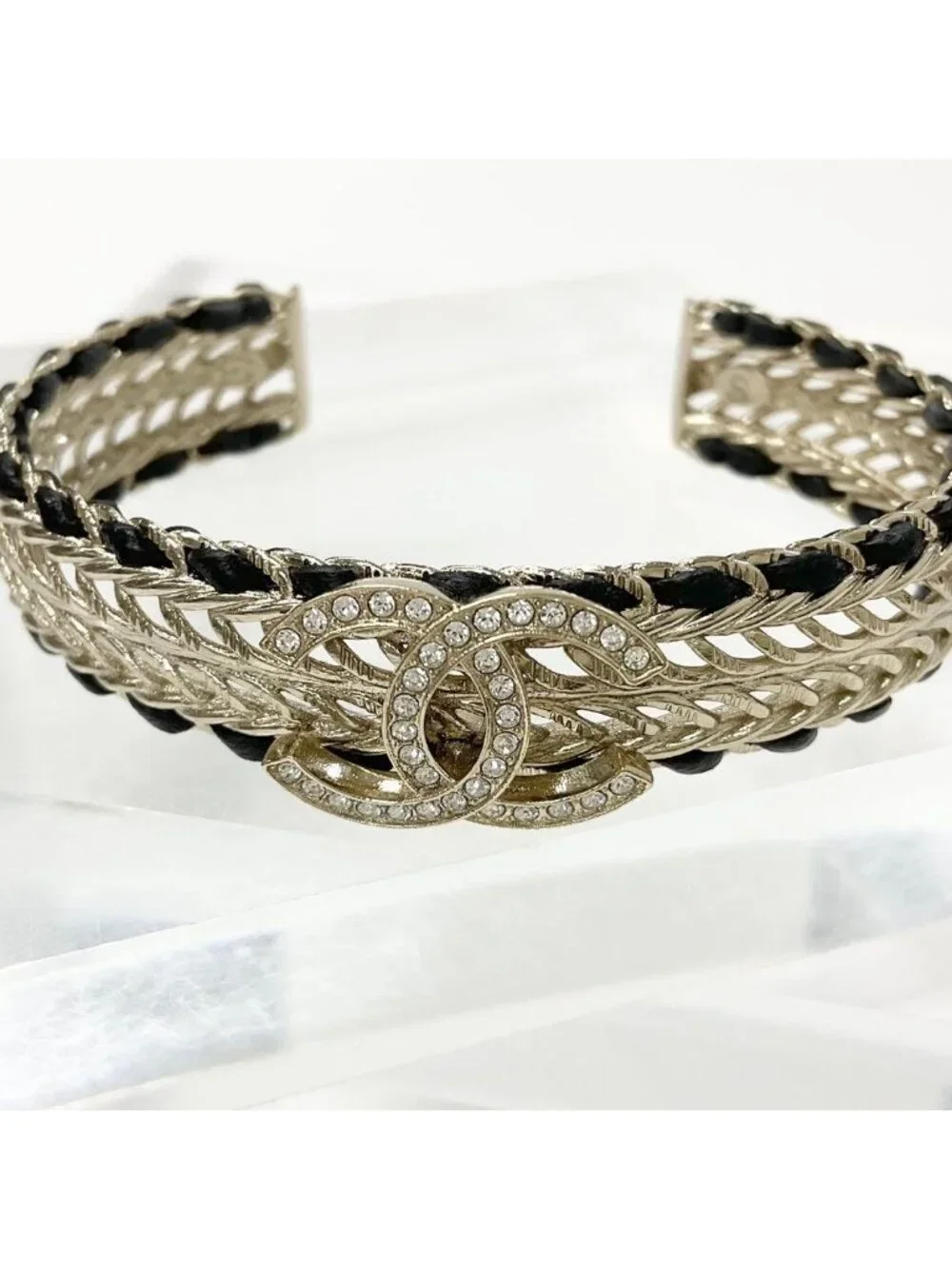 Chanel CC Logo Bangle Rhinestone Leather Bracelet Gold
